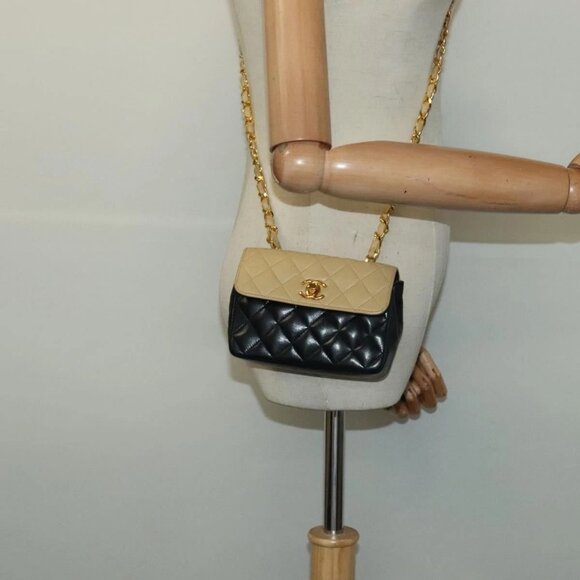 CHANEL Matelasse Chain Shoulder Bag Lamb Skin Beige Gold black CC Auth PP908 - Picture 14 of 16